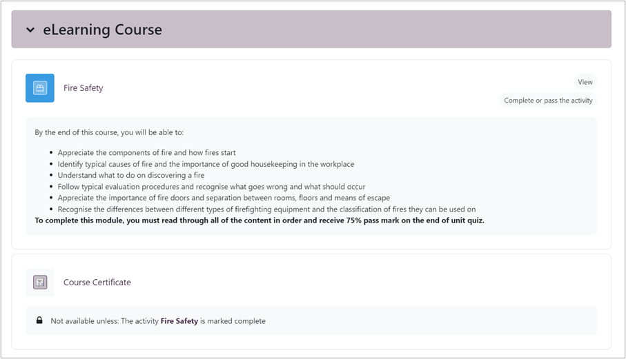 Screenshot of the course view displaying where to find certificates and certificate rules.